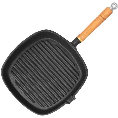 ROYAL CATERING Poêle À Frire Carrée En Fonte À Grill Nervuré Manche Bois Bord 1 8 Cm 25X25 Cm - Noir 2 ROYAL CATERING Poêle À Frire Carrée En Fonte À Grill Nervuré Manche Bois Bord 1 8 Cm 25X25 Cm - Noir – Image 2