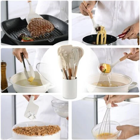 ASUPERMALL Batterie De Cuisine En Silicone De 10, Batterie De Cuisine Antiadhésive Résistante à La Chaleur Avec Manche En Bois, Y Compris Seau De Rangement 5 ASUPERMALL Batterie De Cuisine En Silicone De 10, Batterie De Cuisine Antiadhésive Résistante à La Chaleur Avec Manche En Bois, Y Compris Seau De Rangement â Image 5
