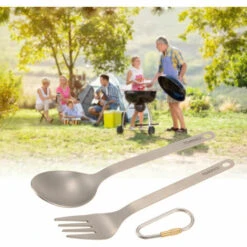 TOMSHOO Titanium Vaisselle Diner Frok Spoon Couverts Couverts Avec Sac De Rangement Mousqueton Pour La Maison Camping En Plein Air, Modele : Fourchette Et Cuillere -Accessoires de barbecue Soldes 36028421 3