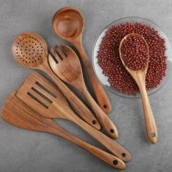 ABCRITAL Batterie De Cuisine En Bois, Ensemble De 6 Pièces, Ensemble D'Ustensiles De Cuisine, Batterie De Cuisine Antiadhésive, Spatule, Fourchette, Spatule Fendue, Cuillère À Soupe, Louche -Accessoires de barbecue Soldes 36288230 4