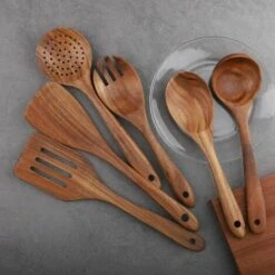 ABCRITAL Batterie De Cuisine En Bois, Ensemble De 6 Pièces, Ensemble D'Ustensiles De Cuisine, Batterie De Cuisine Antiadhésive, Spatule, Fourchette, Spatule Fendue, Cuillère À Soupe, Louche -Accessoires de barbecue Soldes 36288230 5