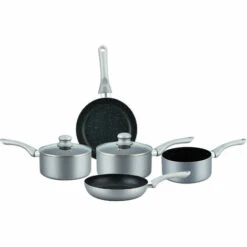 HERZBERG COOKING Herzberg HG-1020: Batterie De Cuisine Antiadhésive De 7 Pièces Avec Revêtement En Pierre Argent - Gris