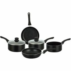 HERZBERG COOKING Herzberg HG-1020: Batterie De Cuisine Antiadhésive De 7 Pièces Avec Revêtement En Pierre Noire - Noir