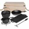 PEDY 7 Pièces Dutch Oven Set Avec Boîte De Bois Fours Hollandais D'extérieur Kit Marmite En Font Four, Casserole, Poêle, Plaque De Cuisson, Trépied Et Crochet Inclus