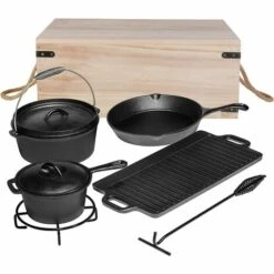 PEDY 7 Pièces Dutch Oven Set Avec Boîte De Bois Fours Hollandais D'extérieur Kit Marmite En Font Four, Casserole, Poêle, Plaque De Cuisson, Trépied Et Crochet Inclus