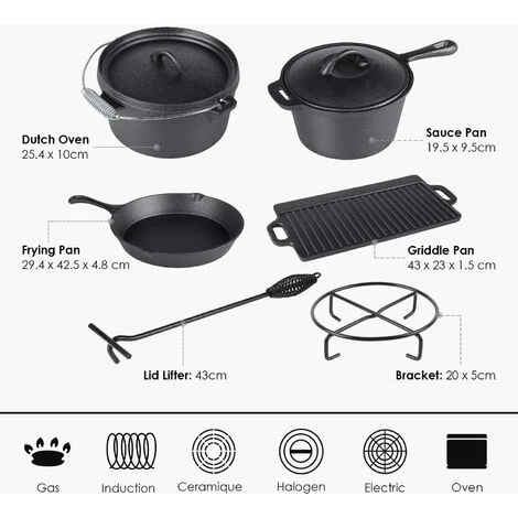 PEDY 7 Pièces Dutch Oven Set Avec Boîte De Bois Fours Hollandais D'extérieur Kit Marmite En Font Four, Casserole, Poêle, Plaque De Cuisson, Trépied Et Crochet Inclus 2 PEDY 7 Pièces Dutch Oven Set Avec Boîte De Bois Fours Hollandais D'extérieur Kit Marmite En Font Four, Casserole, Poêle, Plaque De Cuisson, Trépied Et Crochet Inclus – Image 2