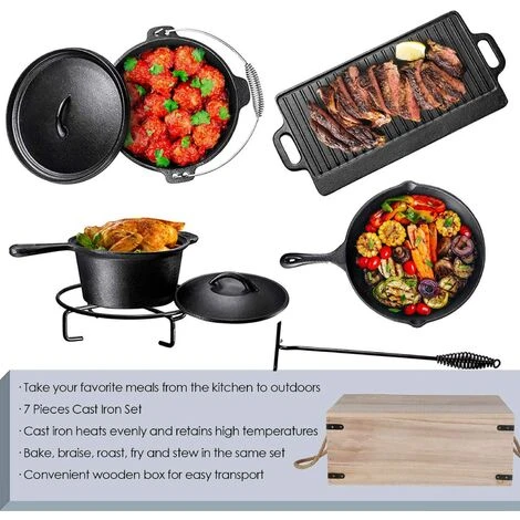 PEDY 7 Pièces Dutch Oven Set Avec Boîte De Bois Fours Hollandais D'extérieur Kit Marmite En Font Four, Casserole, Poêle, Plaque De Cuisson, Trépied Et Crochet Inclus 3 PEDY 7 Pièces Dutch Oven Set Avec Boîte De Bois Fours Hollandais D'extérieur Kit Marmite En Font Four, Casserole, Poêle, Plaque De Cuisson, Trépied Et Crochet Inclus – Image 3