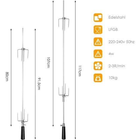 FEMOR 107CM BBQ Tournebroche Avec Moteur 4W 220-240V 50Hz Électrique Automatique Rotatif En Acier Inoxydable Pour Grill Barbecue, Certification CE, LFGB, Argent 2 FEMOR 107CM BBQ Tournebroche Avec Moteur 4W 220-240V 50Hz Électrique Automatique Rotatif En Acier Inoxydable Pour Grill Barbecue, Certification CE, LFGB, Argent – Image 2