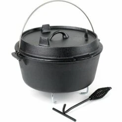 WILTEC Dutch Oven Marmite 10L Dessous-plat Lève-couvercle Fait-tout Fonte Pot Cuisson Feu Camp Camping