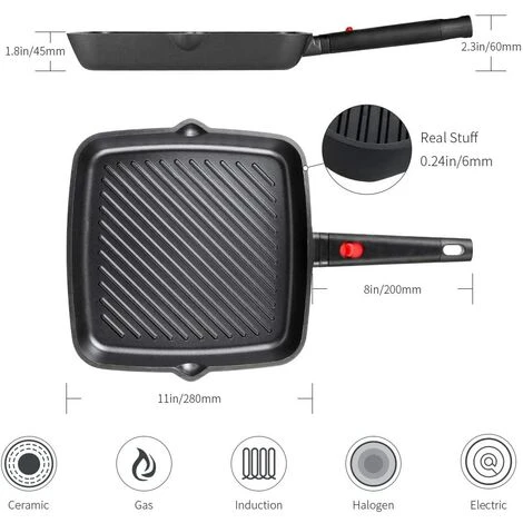 MVPOWER Poêle à Grill 28 X 28 Cm Induction, Poêle à Steak Avec Poignée Amovible, Poêle à Revêtement Antiadhésif, Sans PFOA, Pour Tous Types De Plaques, Noir 4 MVPOWER Poêle à Grill 28 X 28 Cm Induction, Poêle à Steak Avec Poignée Amovible, Poêle à Revêtement Antiadhésif, Sans PFOA, Pour Tous Types De Plaques, Noir – Image 4