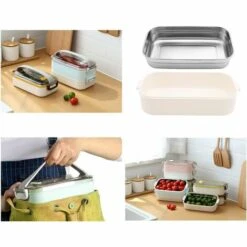 TINOR 2 Couches Boîte à Lunch En Acier Inoxydable Portable Thermique Boîtes à Bento Boîte à Lunch Isolée Lunch Box Isotherme Conteneurs De Stockage Des Aliments Pour École Bureau 1.6L Bleu -Accessoires de barbecue Soldes 48012790 4