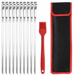 ZHUOXUAN Brochettes Pour Barbecue Inox 10 Pics Brochettes Plates Larges Pique Pour Kebab Viande Fruits Légumes Sûr, Durable Et Réutilisable Pour BBQ Accessoires 43 Cm+1 Brosse En Silicone