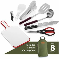GDRHVFD Lot De 8 Ustensiles De Cuisine De Camping Pour Ustensiles De Cuisine - Kit De Voyage Pour Ustensiles De Cuisine Portables Avec Étui Résistant À L'Eau, Planche À Découper, Pagaie À Riz, Pinces, Couteau -Accessoires de barbecue Soldes 53056044 3