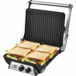 COSTWAY Appareil à Croque Monsieur 2000W Plaque Antiadhésive Thermostat,Minuterie Grill En Acier Inoxydable Bac D'Egouttage Amovible