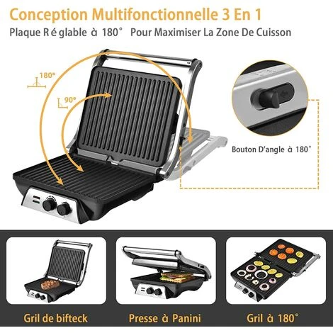 COSTWAY Appareil à Croque Monsieur 2000W Plaque Antiadhésive Thermostat,Minuterie Grill En Acier Inoxydable Bac D'Egouttage Amovible 2 COSTWAY Appareil à Croque Monsieur 2000W Plaque Antiadhésive Thermostat,Minuterie Grill En Acier Inoxydable Bac D'Egouttage Amovible – Image 2