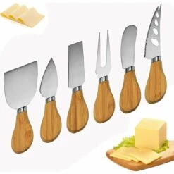 KARTOKNER Ensemble De 6 Couteaux à Fromage En Acier Inoxydable Et Spatule Pour Fourchette à Fromage Avec Manche En Bambou Pour Cuisiner Dans La Cuisine (Ensemble De Six Pièces En Chêne)