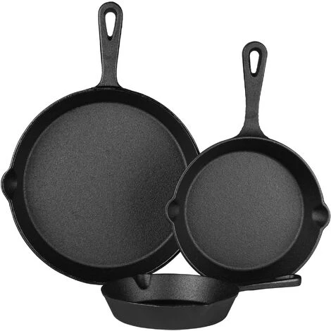 CLP Ensemble De 3 Poêles à Frire En Fonte Pour Gasinière Four Et Induction Noir 1 CLP Ensemble De 3 Poêles à Frire En Fonte Pour Gasinière Four Et Induction Noir