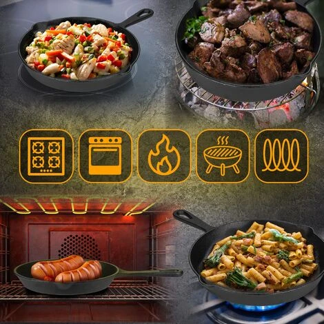 CLP Ensemble De 3 Poêles à Frire En Fonte Pour Gasinière Four Et Induction Noir 2 CLP Ensemble De 3 Poêles à Frire En Fonte Pour Gasinière Four Et Induction Noir – Image 2