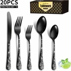 DECKON 20 Pièces Ensemble De Couverts En Acier Inoxydable, Set De Couverts En Argenterie, Set, Service De Table, Service Pour 5, Acier Inoxydable Motif Doré