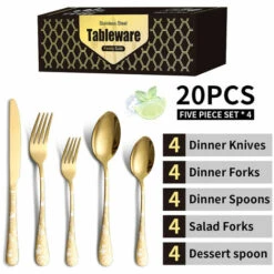 DECKON 20 Pièces Ensemble De Couverts En Acier Inoxydable, Set De Couverts En Argenterie, Set, Service De Table, Service Pour 5, Acier Inoxydable Motif Doré -Accessoires de barbecue Soldes 57021198 4