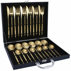 TANCYCO Ensemble De Vaisselle 24 Pièces Avec Boîte-cadeau Ensemble De Couverts De Cuisine En Acier Inoxydable Couteau Fourchette Cuillère Couverts Vaisselle Minimaliste (or Noir)