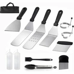 ZOLGINAH 12 Pcs Ensemble D'accessoires Pour Plaque Chauffante Professionnelle BBQ, En Acier Inoxydable Spatule Plancha - Idéal Pour Les Grillades Teppanyaki - Kit Cadeau Grill