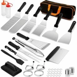 BAICCCF Ustensile De Barbecue Lot De 22 Accessoires De Plaque De Cuisson, Spatules En Métal Pour Plaque De Cuisson Professionnelle En Acier Inoxydable Robuste Pour Cuisson En Fonte D'extérieur Teppanyaki, Barbecue, Hachoir, Pince à Barbecue, Sac De Transport