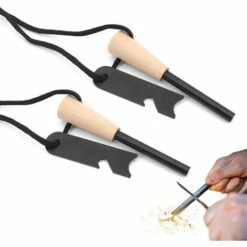 AOUGO Lot De 2 Silex Et Acier, Silex Striker Survie Pour Bushcraft, Kit Allume-feu En Magnésium Avec Manche En Bois Fabriqué à La Main, 20 000 étincelles De Pulvérisation Réutilisables Pour Camping, Allume-feu, Extérieur
